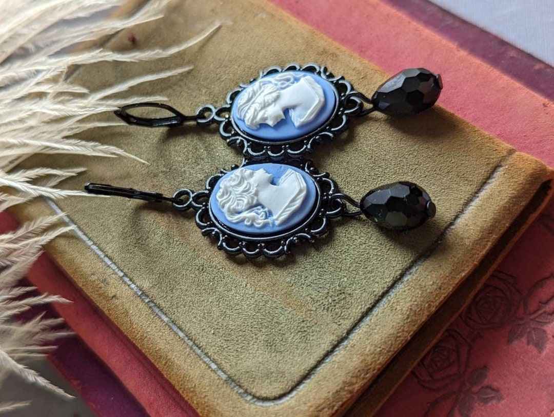 Cameo Pearl Earrings, Blue and White Cameo Earrings, Victorian Jewelry,  Romantic Vintage Style, Regency Jewelry, Pearlcore 