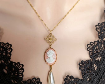 Pink Cameo Pearl Necklace, 14K Gold Plated, Historical Costume Jewelry, Romantic Vintage Inspired Pendant, Gift for Wife