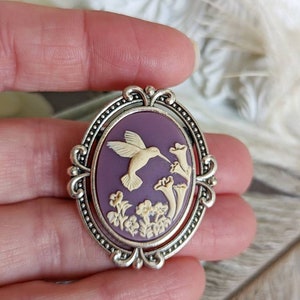 Black Hummingbird Brooch, Bird Pin, Nature Jewelry Cameo Brooch, Gift for Avian Veterinarian, Audubon Society Member Purple