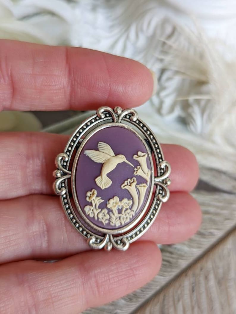 Black Hummingbird Brooch, Bird Pin, Nature Jewelry Cameo Brooch, Gift for Avian Veterinarian, Audubon Society Member Purple