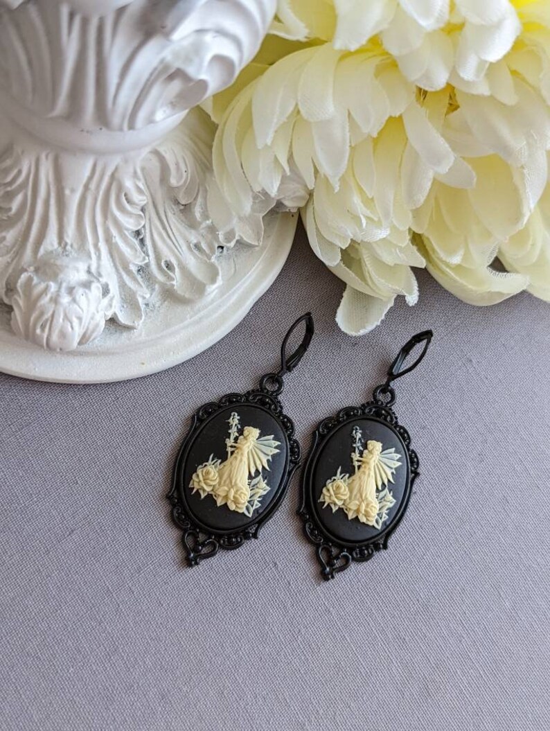 Fairy Cameo Earrings, Woodland Fairy Statement Earrings with Lever Back Ear Wires, Mythical Creatures, Fairycore Jewelry Black Enamel