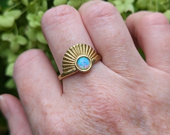 Gold Sunburst Opal Ring, Vintage Art Deco, Birthstone Jewelry October Birthday Gift for Girlfriend, Adjustable Size