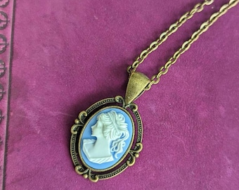 Blue Cameo Necklace, Victorian Gothic Jewelry, Vintage Style Cameo Jewelry, Victorian Bridal Jewelry, Something Blue for Bride Jewelry