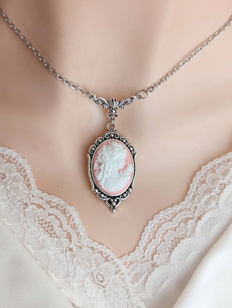 Pink cameo shop necklace
