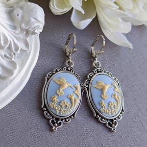 Cameo Earrings, Blue Hummingbird Earrings, Romantic Jewelry, Vintage Style, Nature Jewelry for Women image 7