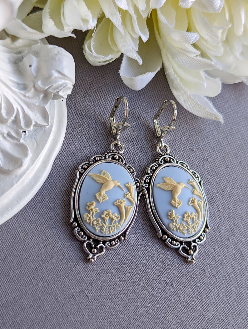 Cameo Earrings, Blue Hummingbird Earrings, Romantic Jewelry, Vintage Style, Nature Jewelry for Women image 7