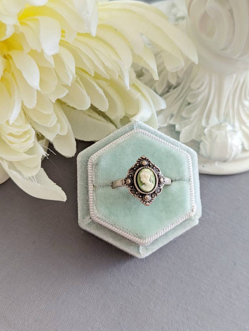 Green Cameo Ring, Victorian Cameo Ring, Antique Replica Cameo Jewelry, Vintage Style Jewelry, Historical Jewelry, Adjustable Ring image 9