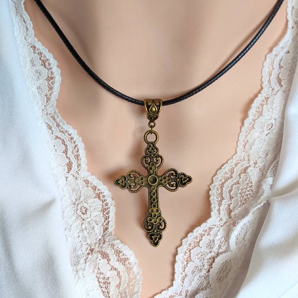 Gothic Cross Necklace on Leather Choker, Ornate Crucifix Choker, Gothic Necklace, Summer Jewelry, Rosary Choker