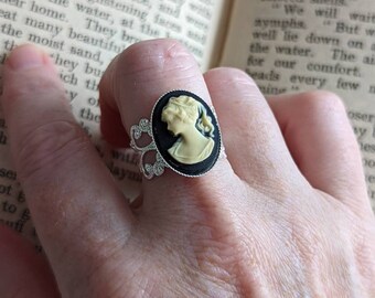 Cameo Ring, Statement Ring, Adjustable Size, Silver Filigree, Victorian Jewelry, Vintage Style, Steampunk Dark Academia