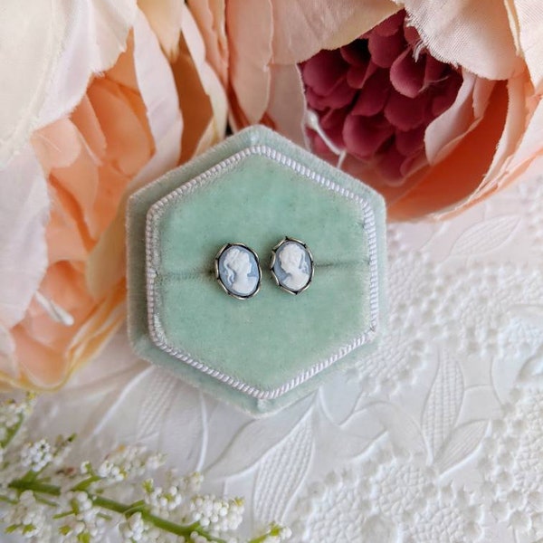 Blue Cameo Studs, Tiny Cameo Earrings, Blue and White Post Earrings, Stainless Steel Hypoallergenic Posts