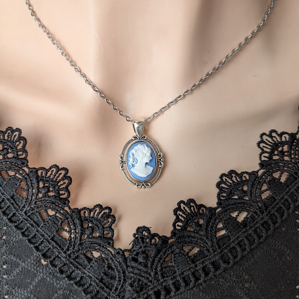 Blue Cameo Necklace, Victorian Gothic Jewelry, Vintage Style Cameo Jewelry, Victorian Bridal Jewelry, Something Blue for Bride Jewelry