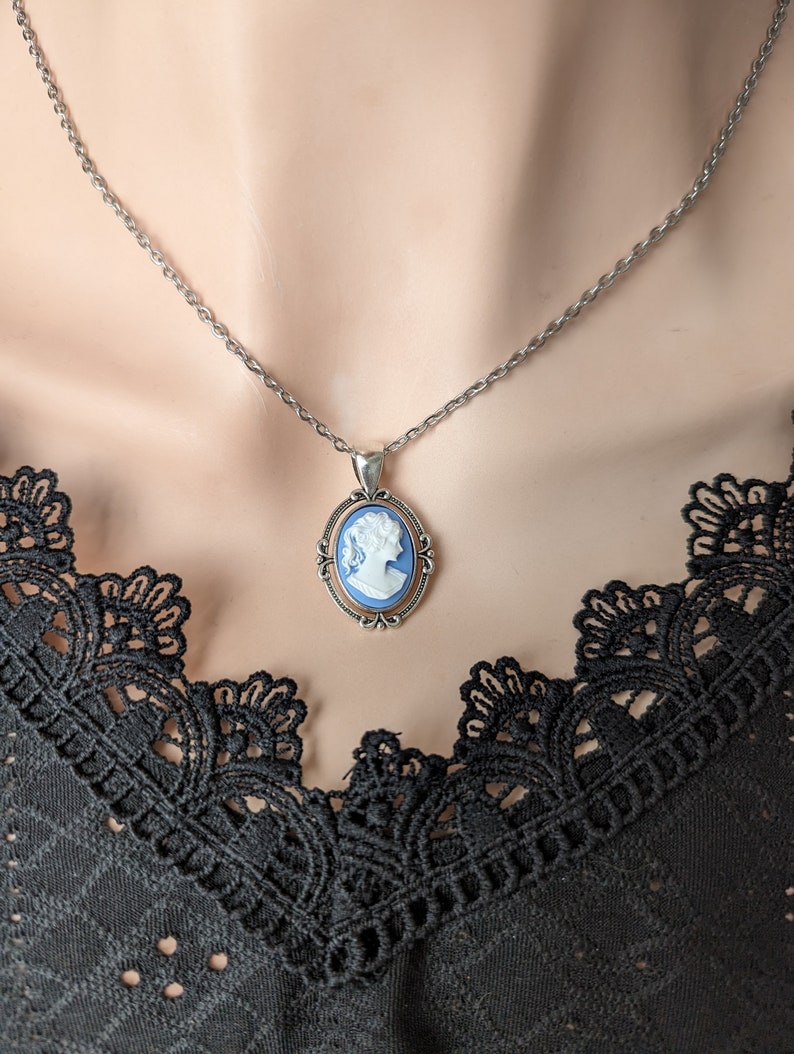 Blue Cameo Necklace, Victorian Gothic Jewelry, Vintage Style Cameo Jewelry, Victorian Bridal Jewelry, Something Blue for Bride Jewelry image 1
