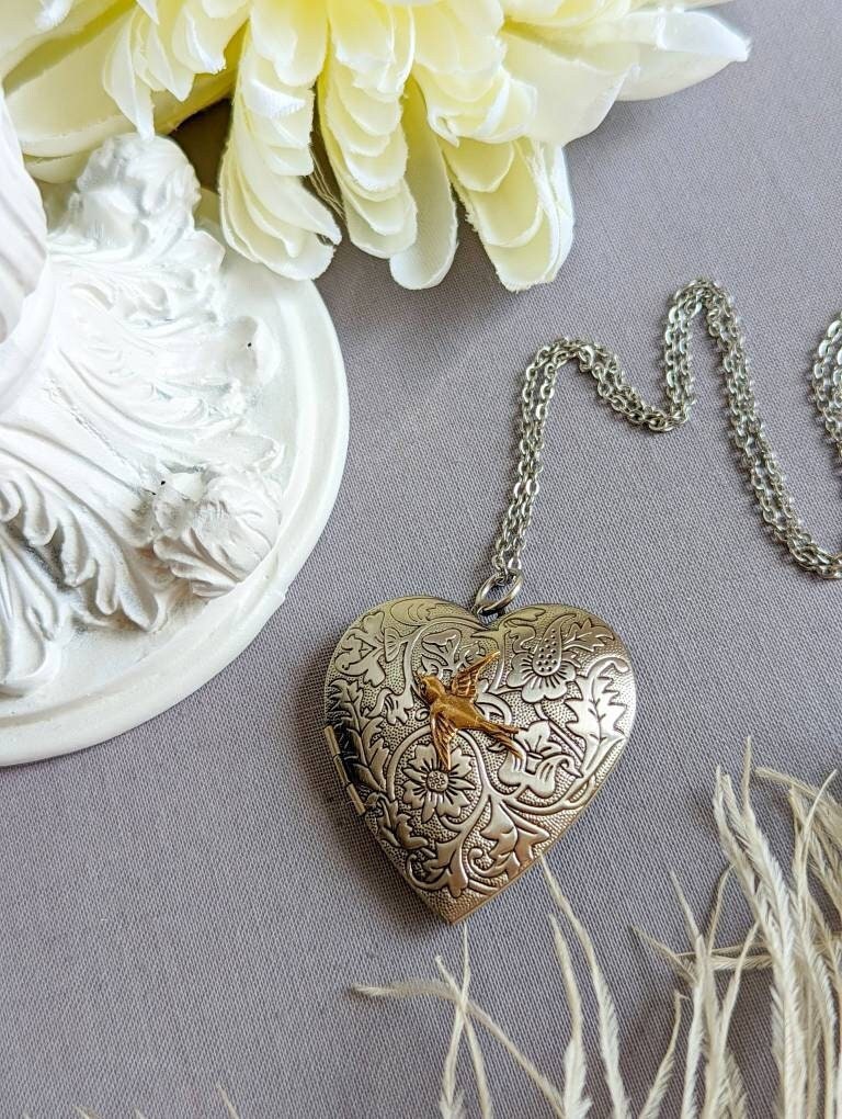 Heart Locket Pendant, Silver Bird Necklace, Nature Jewelry Keepsake, Valentines Gift