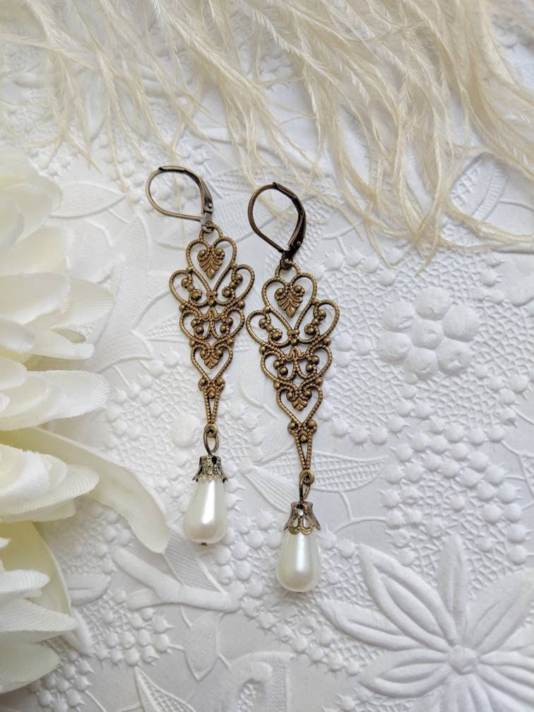 Long Pearl earrings for shabby chic bride statement earrings | Etsy