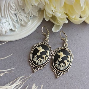 Cameo Earrings, Blue Hummingbird Earrings, Romantic Jewelry, Vintage Style, Nature Jewelry for Women Black & Ivory