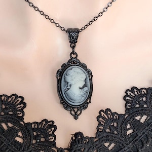 Gothic Blue Cameo Necklace: Ornate Black Vintage Style Jewelry