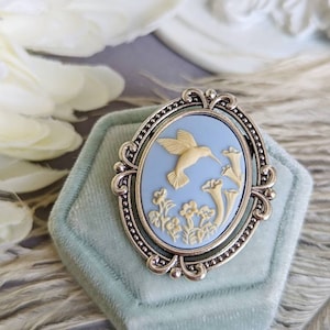 Blue Hummingbird Brooch, Bird Pin, Hummingbird Cameo Brooch, Nature Jewelry Gift idea, Gift for Mom image 1