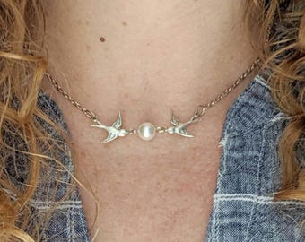 Silver Swallow Necklace with Pearl: Bride Wedding Choker, Vintage Bridal Jewelry