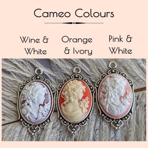 Three Goddess cameo colour options shown: white on wine cameo, ivory on orange cameo and, white on pink cameo.  All cameos are shown in ornate silver  vintage style setting.