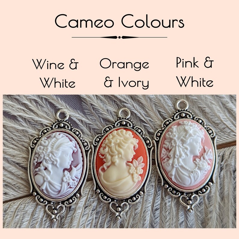 Three Goddess cameo colour options shown: white on wine cameo, ivory on orange cameo and, white on pink cameo.  All cameos are shown in ornate silver  vintage style setting.