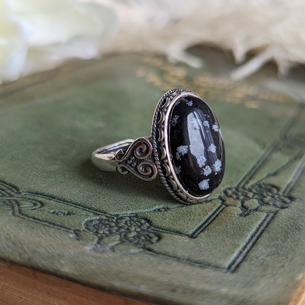 Snowflake Obsidian Ring, Obsidian Ring, 925 Sterling Silver Adjustable Ring, Gemstone Jewelry, Black Stone, Boho Jewelry, Unisex Jewelry