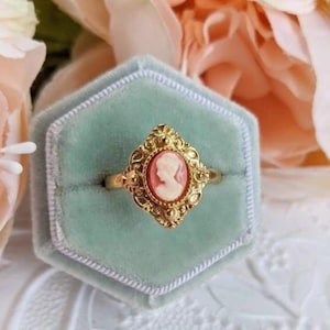 Cameo Ring Carnelian Lady in Golden Brass, Victorian Jewelry, Adjustable
