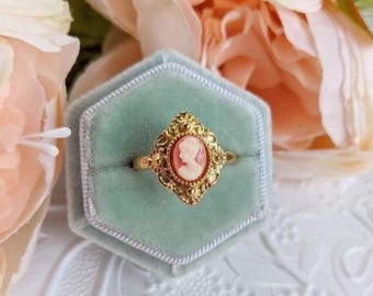 Cameo Ring Carnelian Lady in Golden Brass, Victorian Jewelry, Adjustable