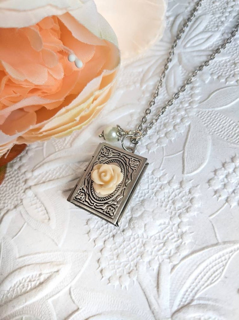 Silver Book Locket Necklace with Flower, Book Club Gifts for Book Lovers, Librarian Gift Idea, Tiny Book Necklace image 5