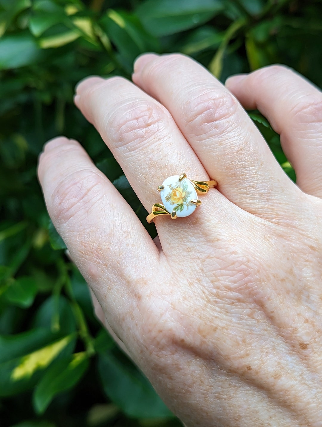 Yellow Rose Ring: Limoges Style Gold Vermeil Sterling Silver