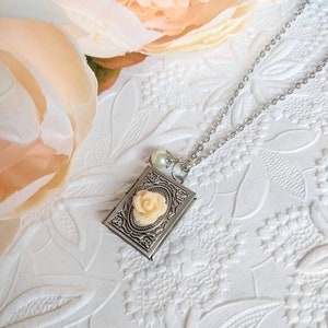 Silver Book Locket Necklace with Flower, Book Club Gifts for Book Lovers, Librarian Gift Idea, Tiny Book Necklace image 2