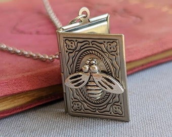 Bee Locket Necklace, Silver Book Locket, Tiny Silver Bee Necklace, Book Lover, Light Academia, Book Club Gift, Gift for Librarian