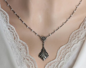 Art Deco Necklace, Antique Silver Pendant with White Quartz Rosary Chain, Victorian Necklace, Vintage Style, Regency Era Jewelry