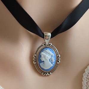 Blue Cameo Necklace, Black Ribbon Choker, Victorian Gothic Jewelry, Victorian Bridal Jewelry, Unique Gifts, Something Blue for Bride