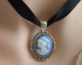 Blue Cameo Necklace, Black Ribbon Choker, Victorian Gothic Jewelry, Victorian Bridal Jewelry, Unique Gifts, Something Blue for Bride