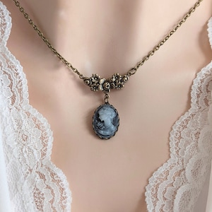 Blue Cameo Necklace: Vintage Lady Portrait, Oxidized Brass Pendant
