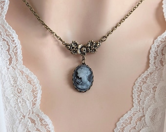 Blue cameo necklace pendant, lady portrait floral romantic jewelry, vintage style necklace, something blue for bride, gift for her