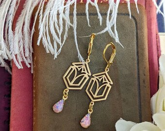 Fire Opal Earrings, Gold Art Deco Earrings, Glass Harlequin Opal Earrings, Vintage Style Earrings, Geometric Jewelry, October Birthday Gift