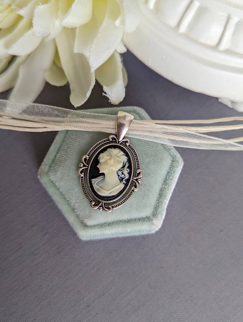 Cameo Choker Necklace, Lady Cameo Jewelry, Ribbon Choker Necklace, Victorian Bridal Jewelry, Unique Gifts for Women who love Vintage Style image 1