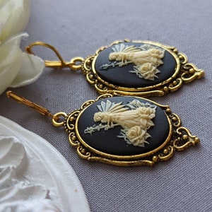 Fairy Cameo Earrings, Woodland Fairy Statement Earrings with Lever Back Ear Wires, Mythical Creatures, Fairycore Jewelry Antiqued Gold