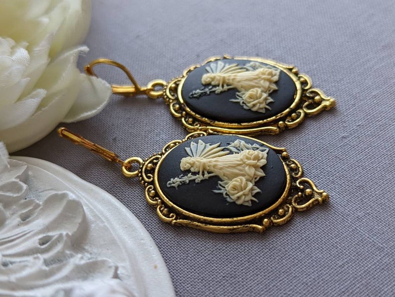 Fairy Cameo Earrings, Woodland Fairy Statement Earrings with Lever Back Ear Wires, Mythical Creatures, Fairycore Jewelry Antiqued Gold