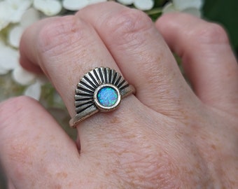 Blue Opal Ring, Art Deco Ring, Man-Made Opal, Adjustable Size, Gold or Silver Finish