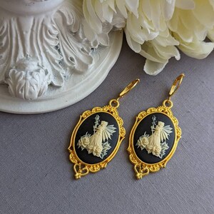 Fairy Cameo Earrings, Woodland Fairy Statement Earrings with Lever Back Ear Wires, Mythical Creatures, Fairycore Jewelry Bright Golden