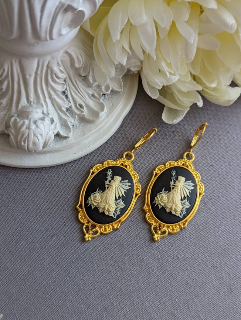 Fairy Cameo Earrings, Woodland Fairy Statement Earrings with Lever Back Ear Wires, Mythical Creatures, Fairycore Jewelry Bright Golden