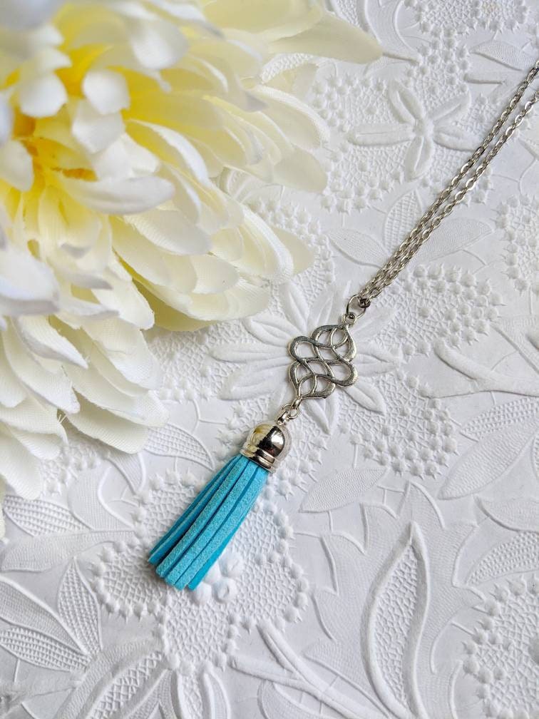 Blue tassel necklace long tassel necklace leather tassel Etsy