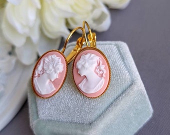 Pink Cameo Earrings, Vintage Portrait Earrings, Lever Back Earrings, Lady Cameo Earrings, Victorian Jewelry