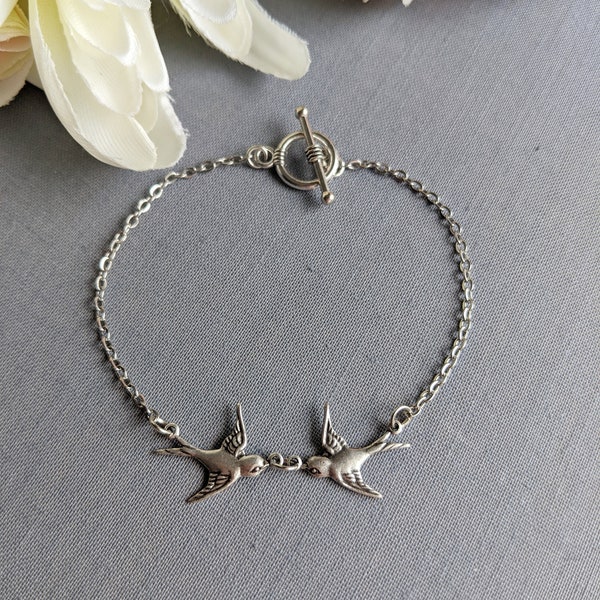 Silver Bird Bracelet, Bird Jewelry, Dainty Bracelet for Women, Two Swallows Minimalist Jewelry, Lovebirds Wife Anniversary Gift