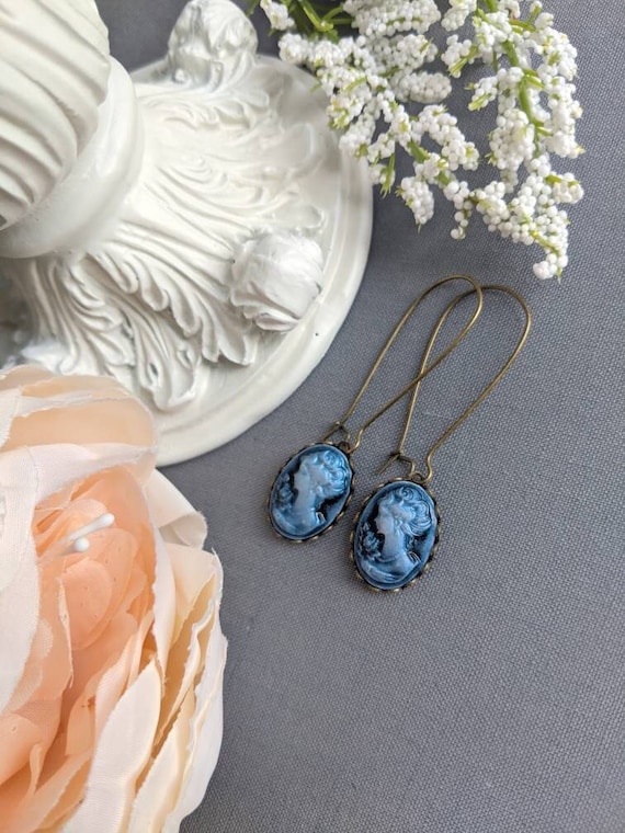 Blue Cameo Victorian Earrings: Romantic Vintage Style Jewelry