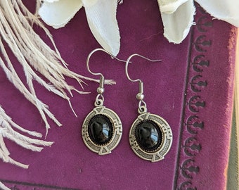 Antiqued Silver Onyx Earrings, Art Deco Jewelry, Greek Key Earrings, Vintage Glamour, Natural Crystal Jewelry Gift for Her