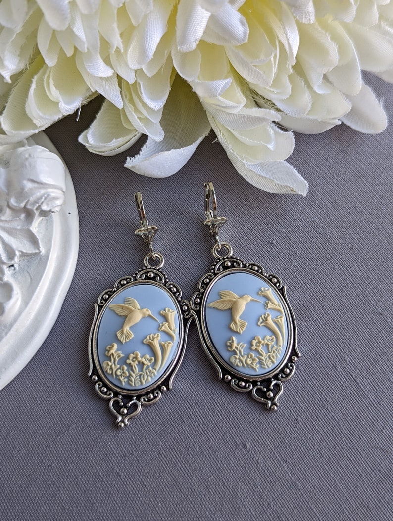 Cameo Earrings, Blue Hummingbird Earrings, Romantic Jewelry, Vintage Style, Nature Jewelry for Women image 3