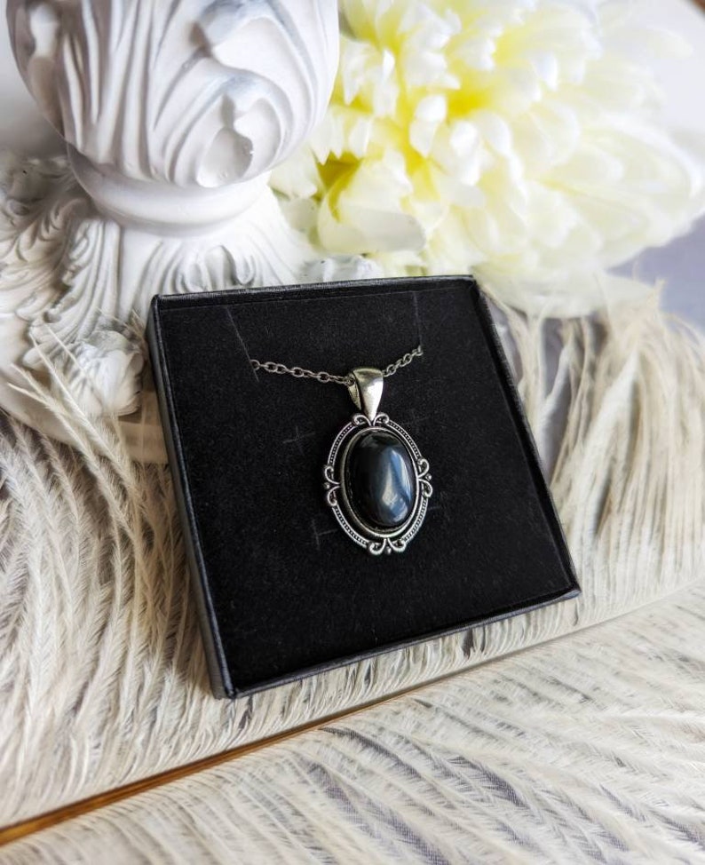 Obsidian Necklace, Obsidian Pendant, Gemstone Jewelry, Black Stone, Gothic Jewelry, Gothic Bridal Jewelry, Gift for Her image 4